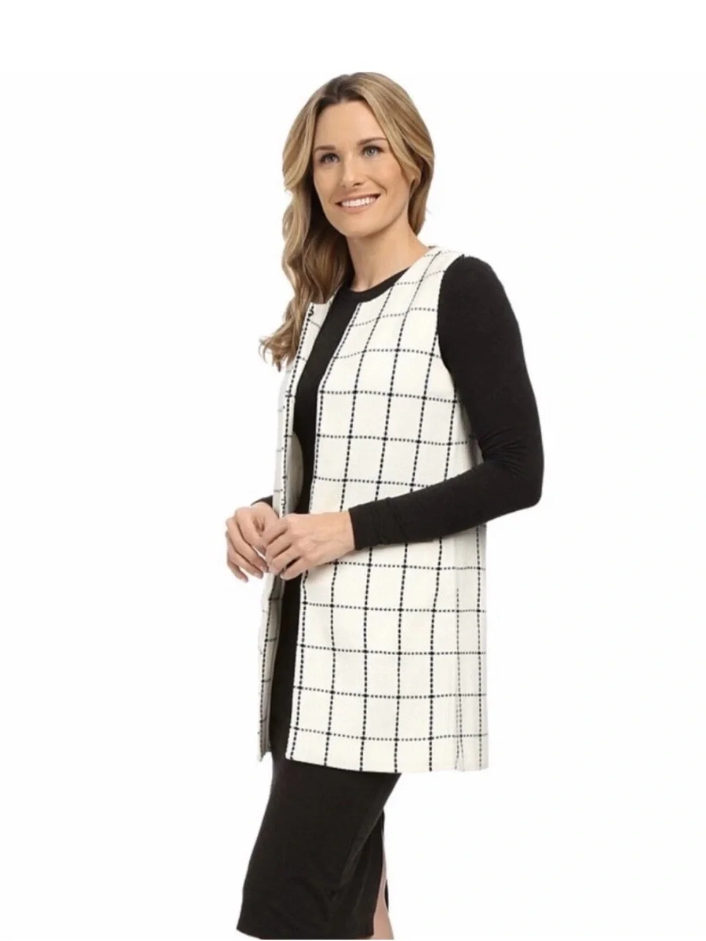 Sanctuary tweed sleevless long window pane vest size small cream/ black color - Picture 4 of 9